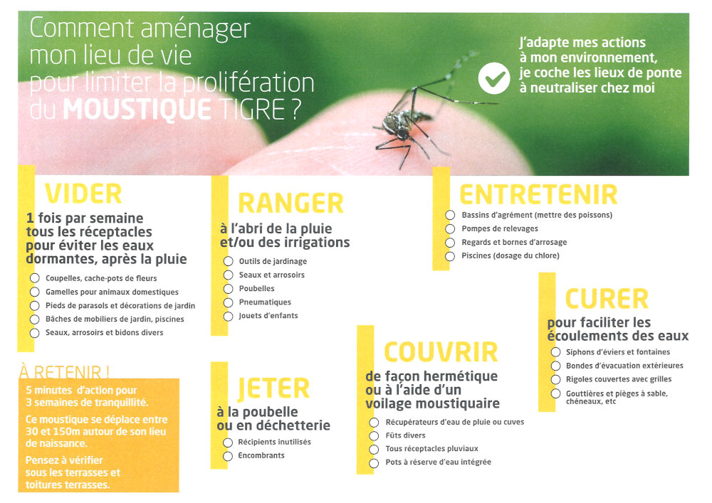 Affiche « Comment aménager mon lieu de vie pour limiter la prolifération du moustique tigre ? ». Vider. Ranger. Entretenir. Jeter. Couvrir. Curer.