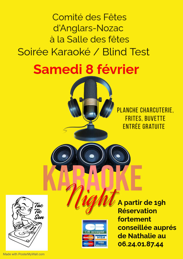 Comité des fêtes d’Anglars-Nozac à la salle des fêtes. Soirée Karaoké / Blind test. Samedi 8 février. Planche charcuterie, frites, buvette. Entrée gratuite. À partir de 19 h. Réservation fortement conseillée auprès de Nathalie au 06 24 01 87 44.