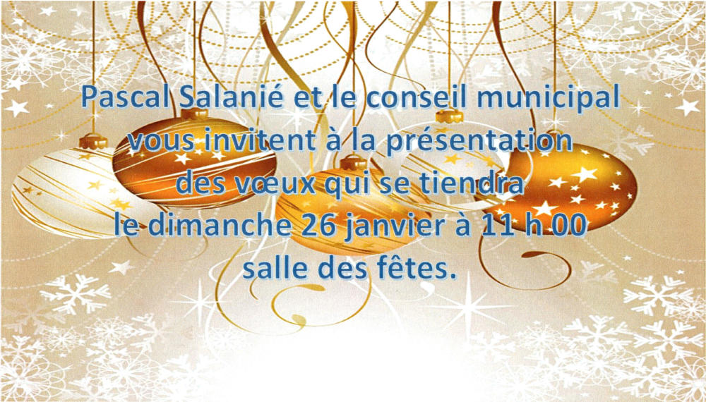 Pascal Salanié et le conseil municipal vous invitent à la présentation des vœux qui se tiendra le dimanche 26 janvier à 11 h à la salle des fêtes.