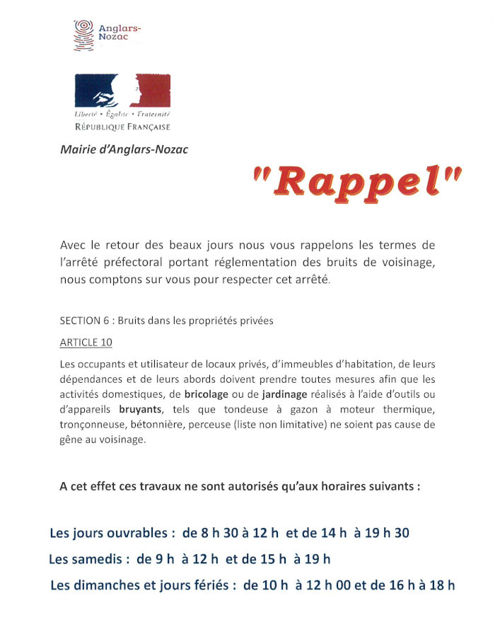 Flyer rappelant les horaires auxquels les activités bruyantes sont autorisées